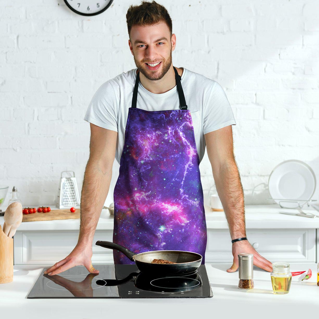 Purple Nebula Galaxy Space Men's Apron-grizzshop