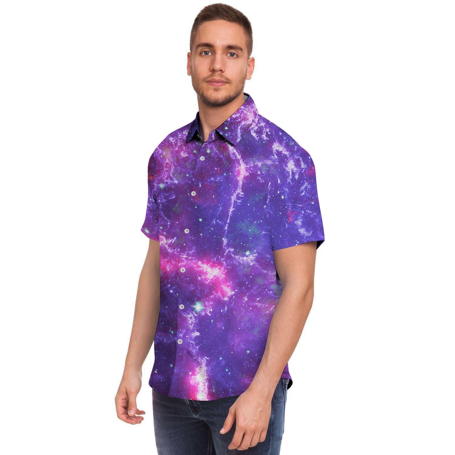 Purple Nebula Galaxy Space Men's Short Sleeve Shirt-grizzshop