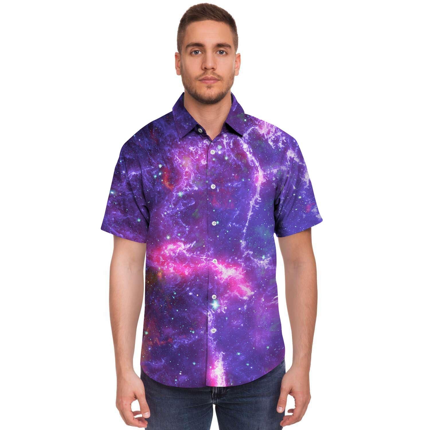 Purple Nebula Galaxy Space Men's Short Sleeve Shirt-grizzshop