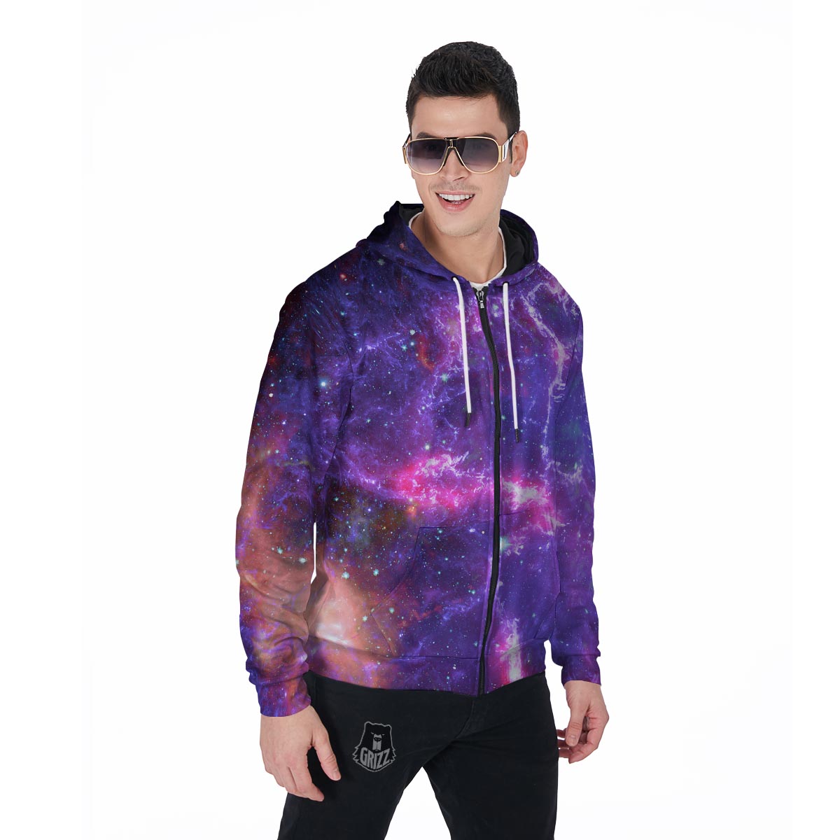 Purple Nebula Galaxy Space Men's Zip Up Hoodie-grizzshop