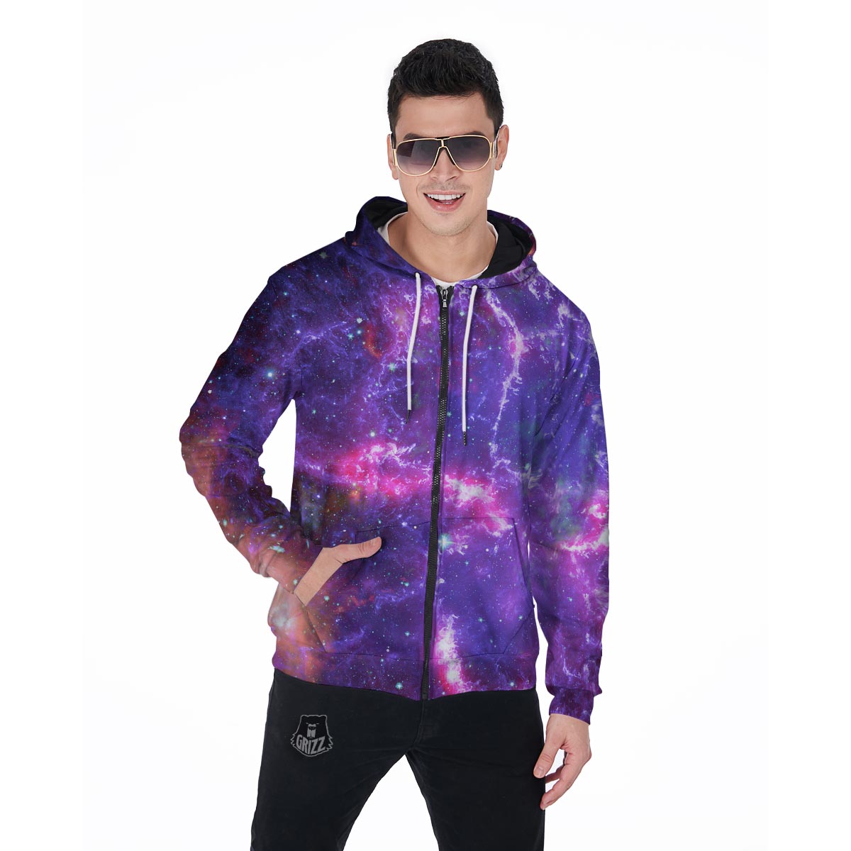 Purple Nebula Galaxy Space Men's Zip Up Hoodie-grizzshop