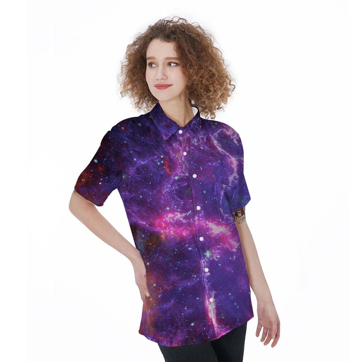 Purple Nebula Galaxy Space Women's Short Sleeve Shirts-grizzshop