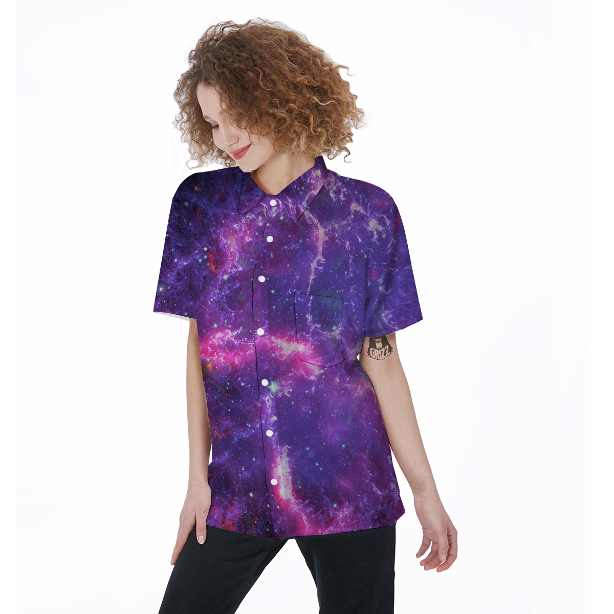 Purple Nebula Galaxy Space Women's Short Sleeve Shirts-grizzshop