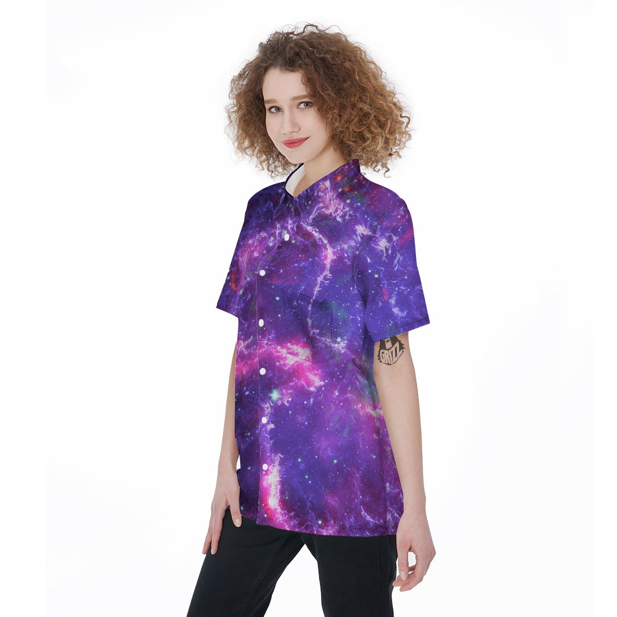 Purple Nebula Galaxy Space Women's Short Sleeve Shirts-grizzshop