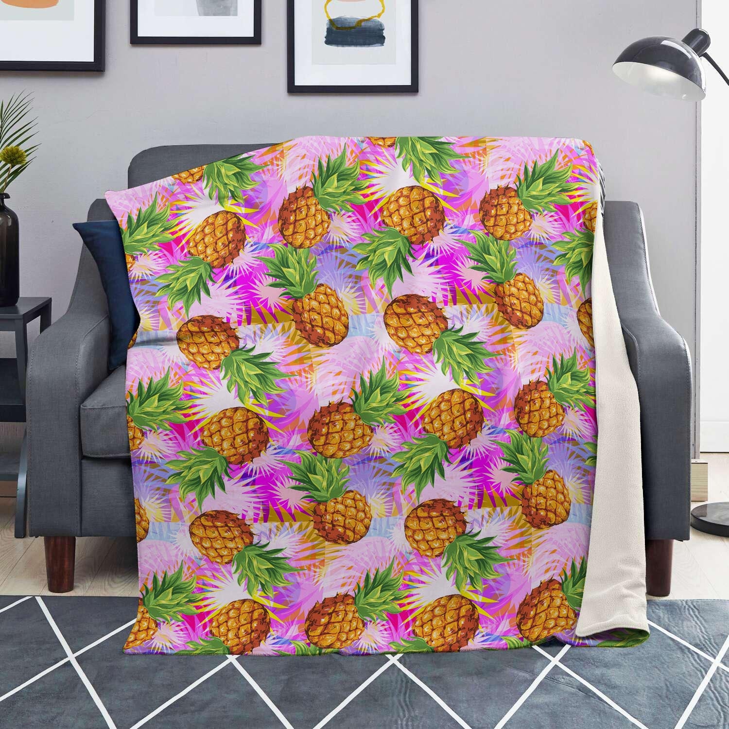 Purple Neon Pineapple Hawaiian Print Blanket-grizzshop