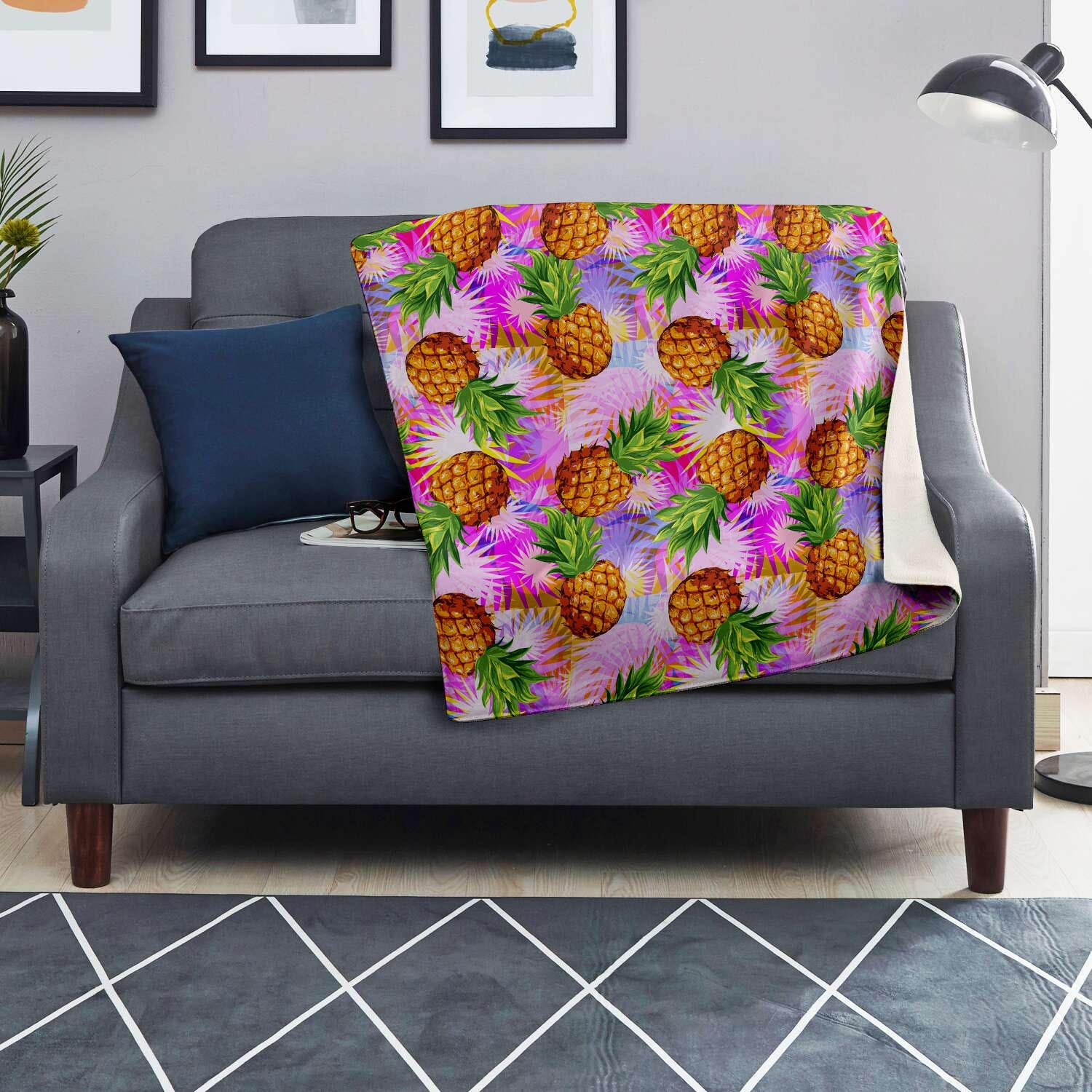 Purple Neon Pineapple Hawaiian Print Blanket-grizzshop