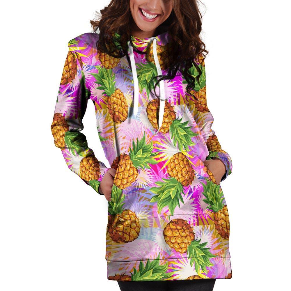 Purple Neon Pineapple Hawaiian Print Hoodie Dress-grizzshop