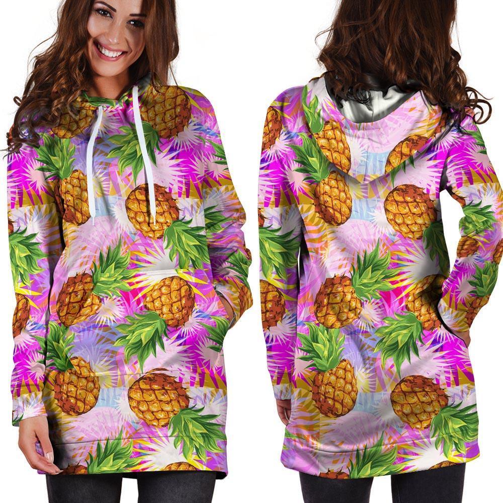 Purple Neon Pineapple Hawaiian Print Hoodie Dress-grizzshop