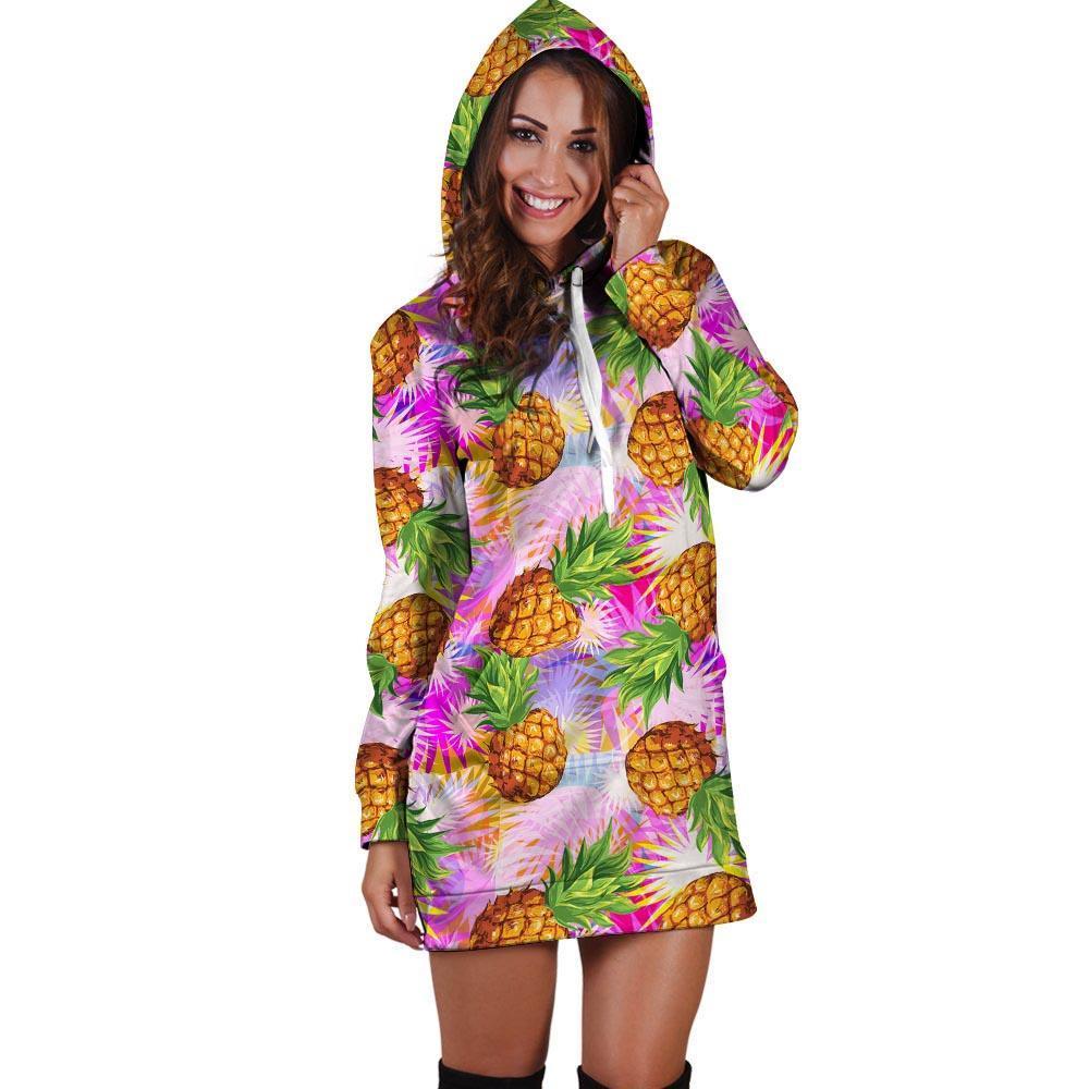 Purple Neon Pineapple Hawaiian Print Hoodie Dress-grizzshop