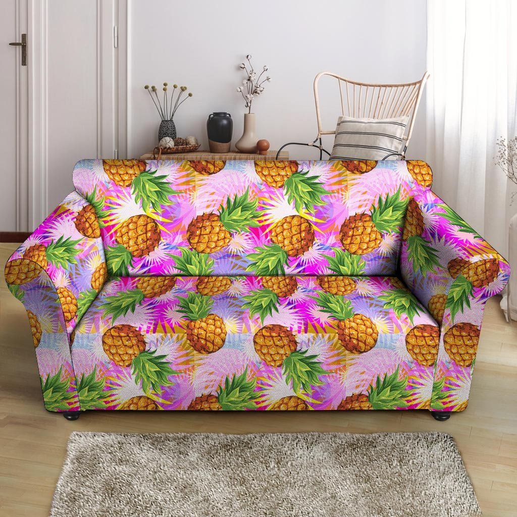 Purple Neon Pineapple Hawaiian Print Loveseat Cover-grizzshop