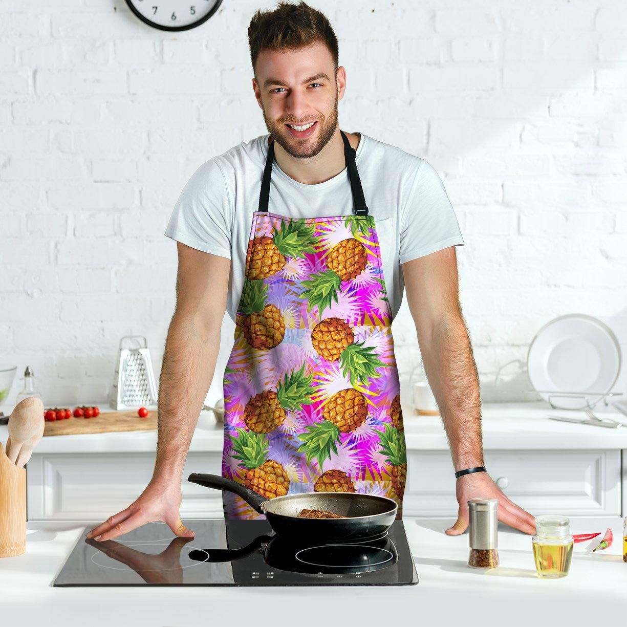 Purple Neon Pineapple Hawaiian Print Men's Apron-grizzshop