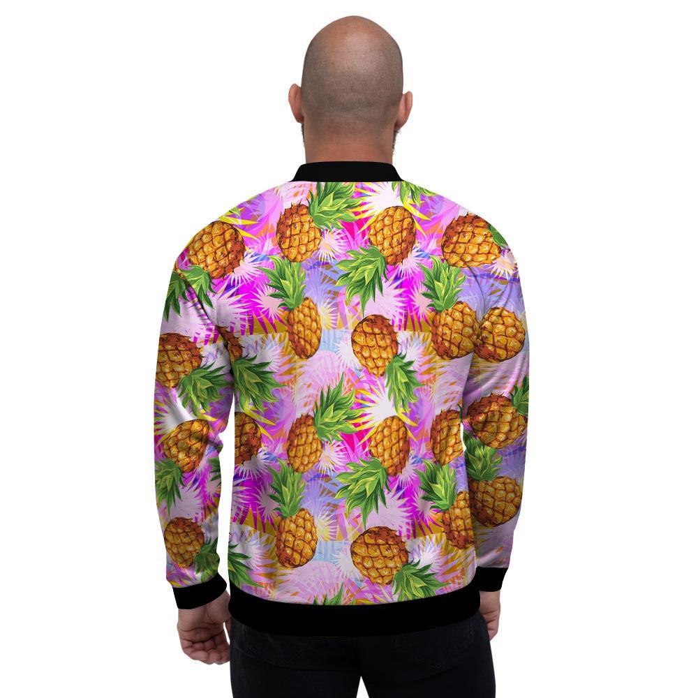 Purple Neon Pineapple Hawaiian Print Men's Bomber Jacket-grizzshop