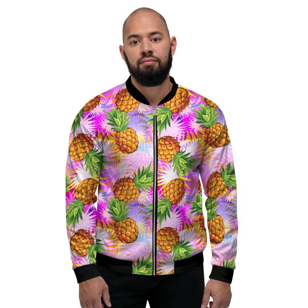 Purple Neon Pineapple Hawaiian Print Men's Bomber Jacket-grizzshop