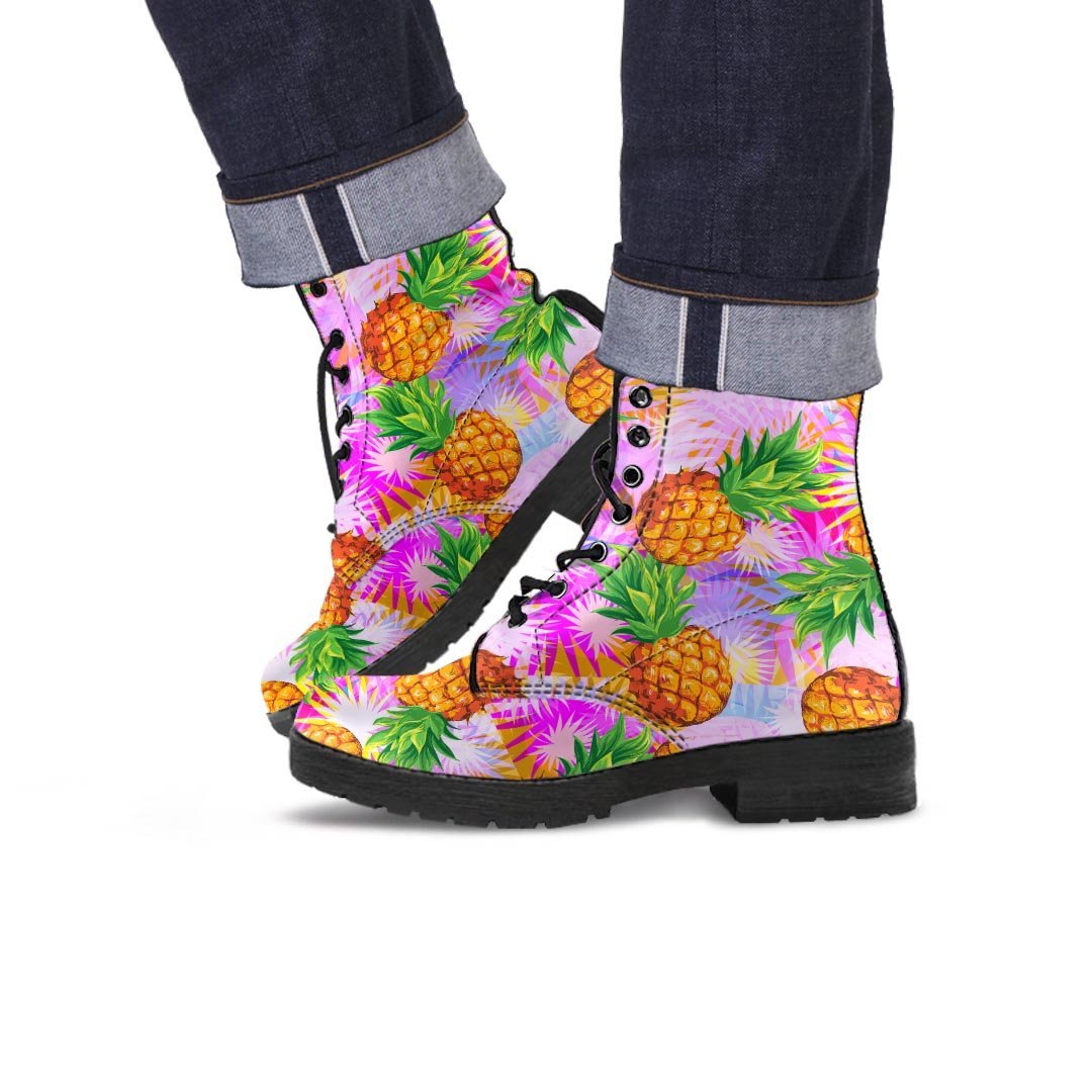 Purple Neon Pineapple Hawaiian Print Men's Boots-grizzshop