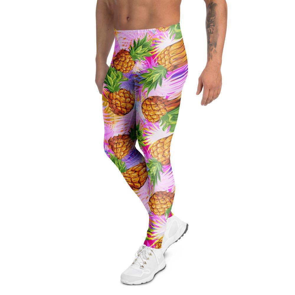 Purple Neon Pineapple Hawaiian Print Men's Leggings-grizzshop