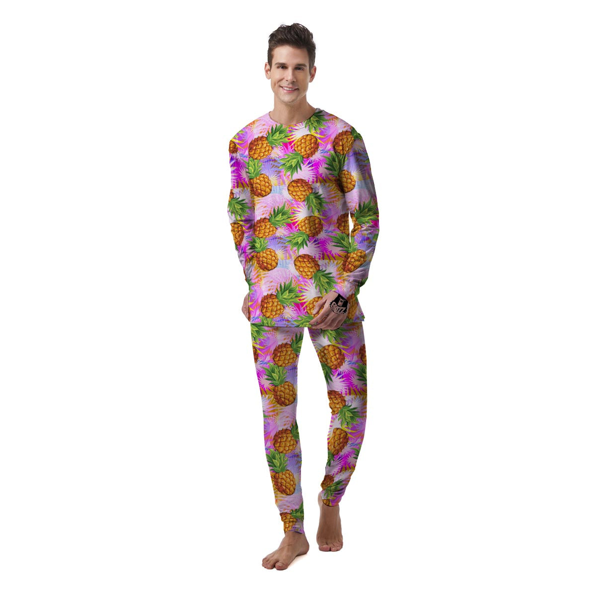 Purple Neon Pineapple Hawaiian Print Men's Pajamas-grizzshop