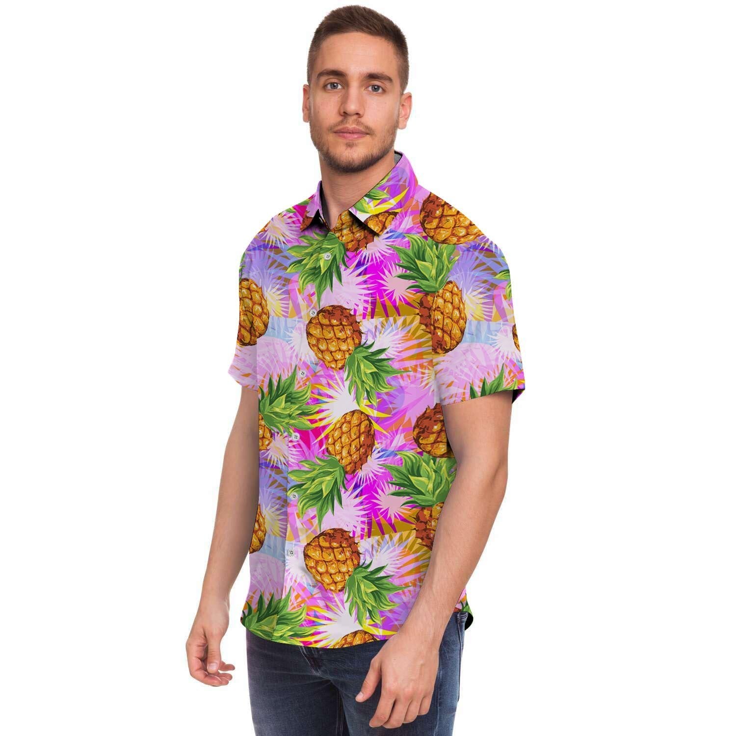 Purple Neon Pineapple Hawaiian Print Men's Short Sleeve Shirt-grizzshop