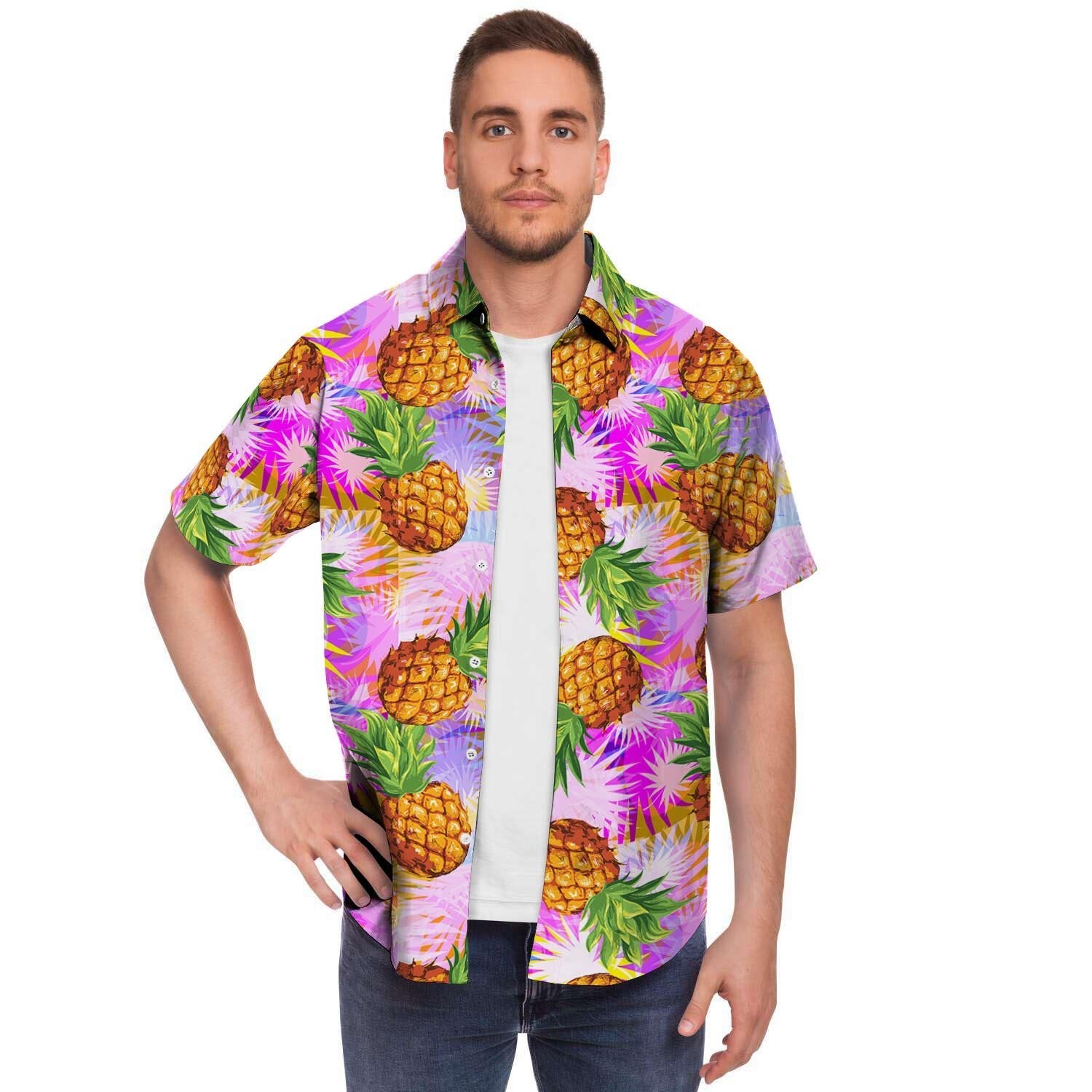 Purple Neon Pineapple Hawaiian Print Men's Short Sleeve Shirt-grizzshop