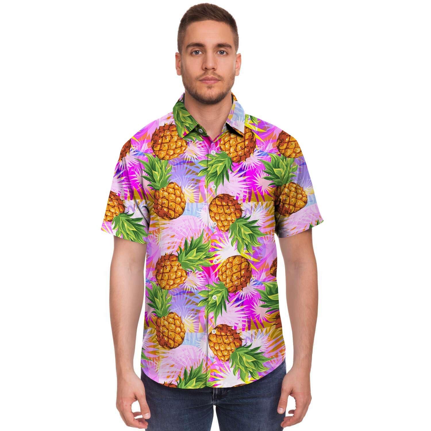 Purple Neon Pineapple Hawaiian Print Men's Short Sleeve Shirt-grizzshop