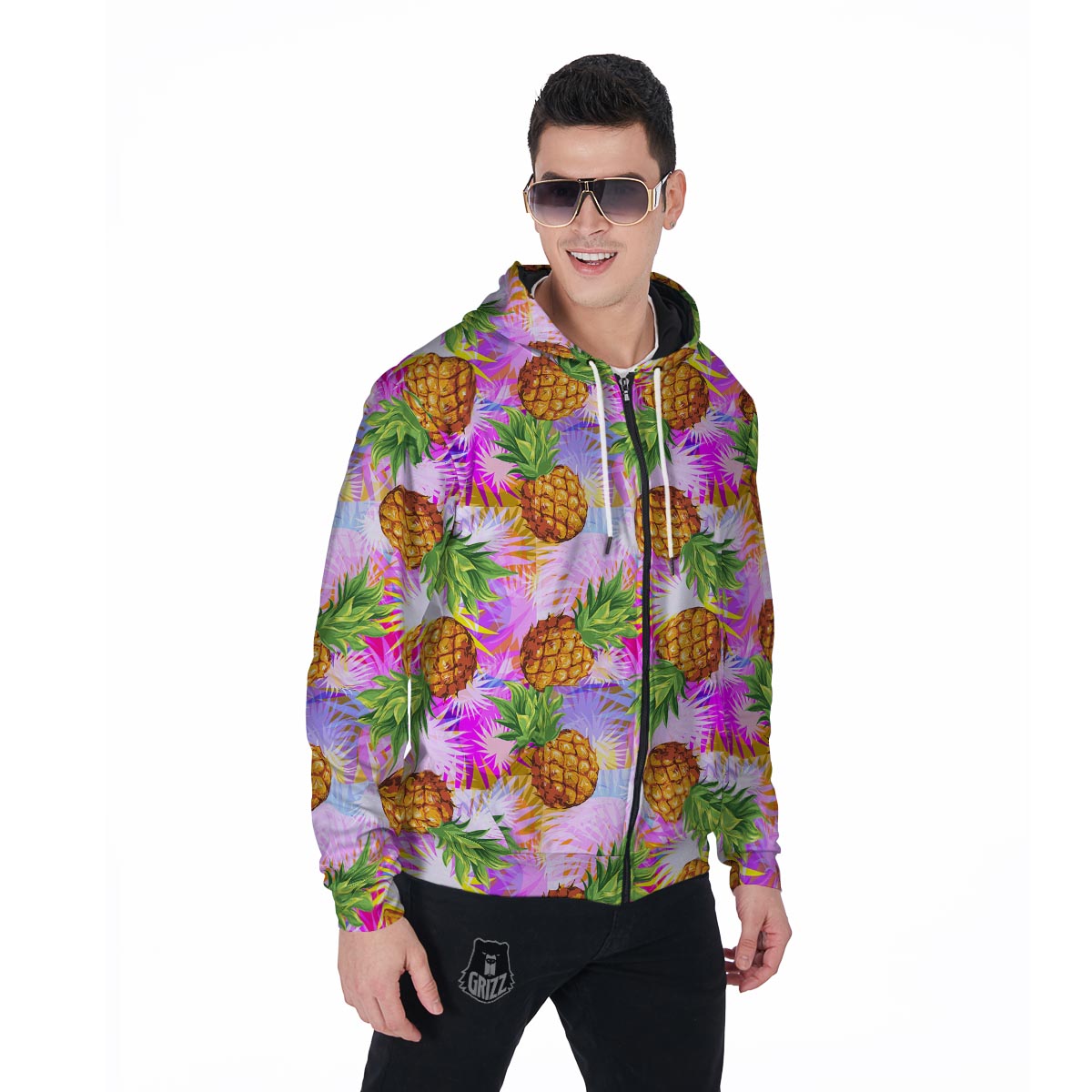 Purple Neon Pineapple Hawaiian Print Men's Zip Up Hoodie-grizzshop