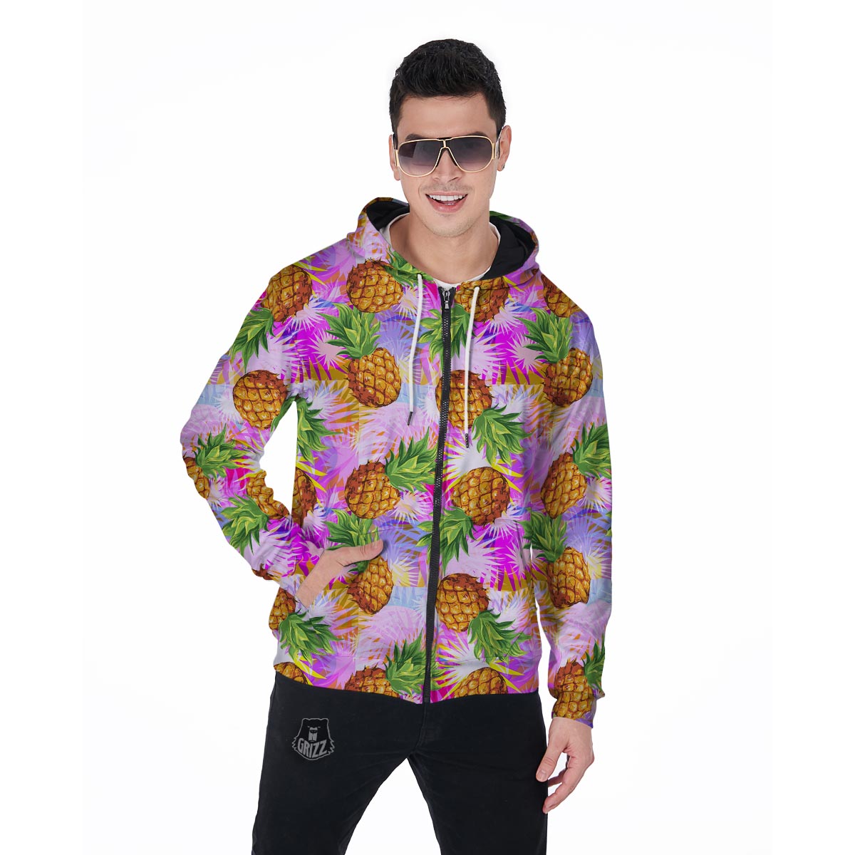 Purple Neon Pineapple Hawaiian Print Men's Zip Up Hoodie-grizzshop