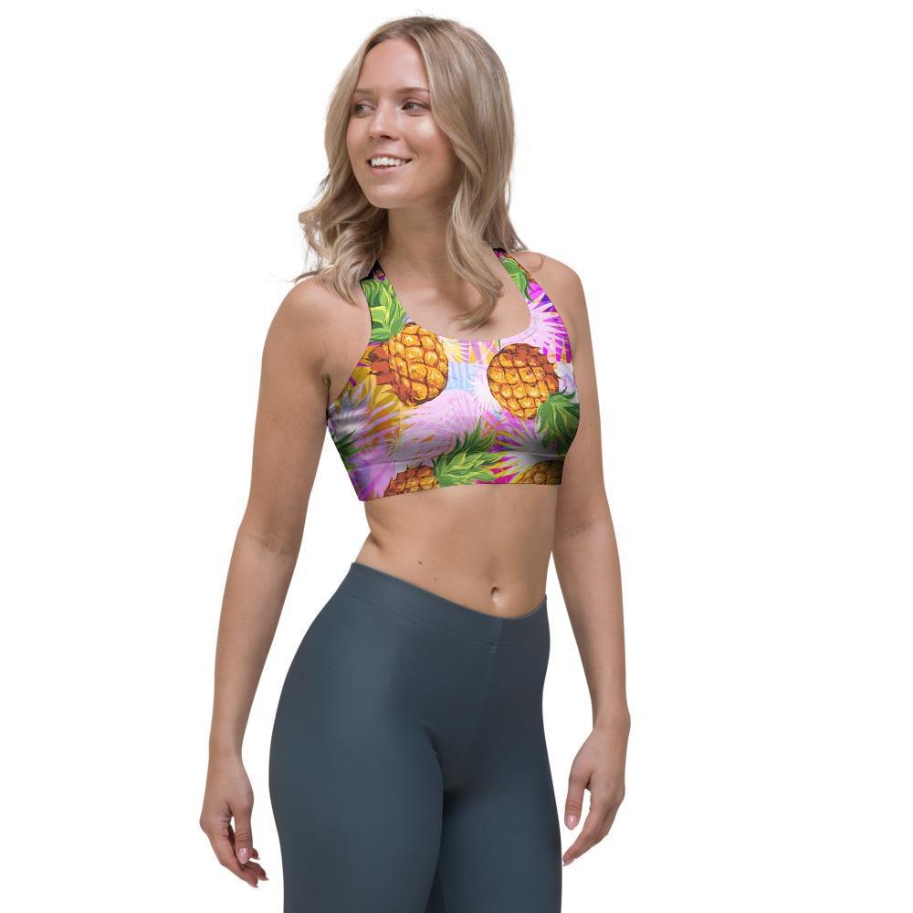 Purple Neon Pineapple Hawaiian Print Sports Bra-grizzshop