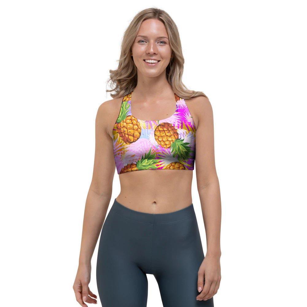 Purple Neon Pineapple Hawaiian Print Sports Bra-grizzshop