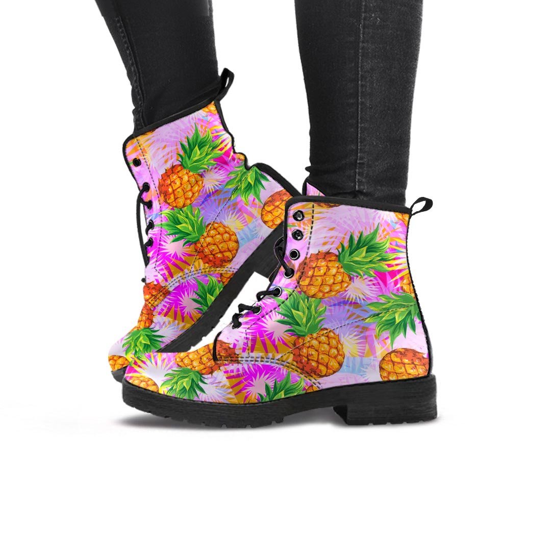 Purple Neon Pineapple Hawaiian Print Women's Boots-grizzshop
