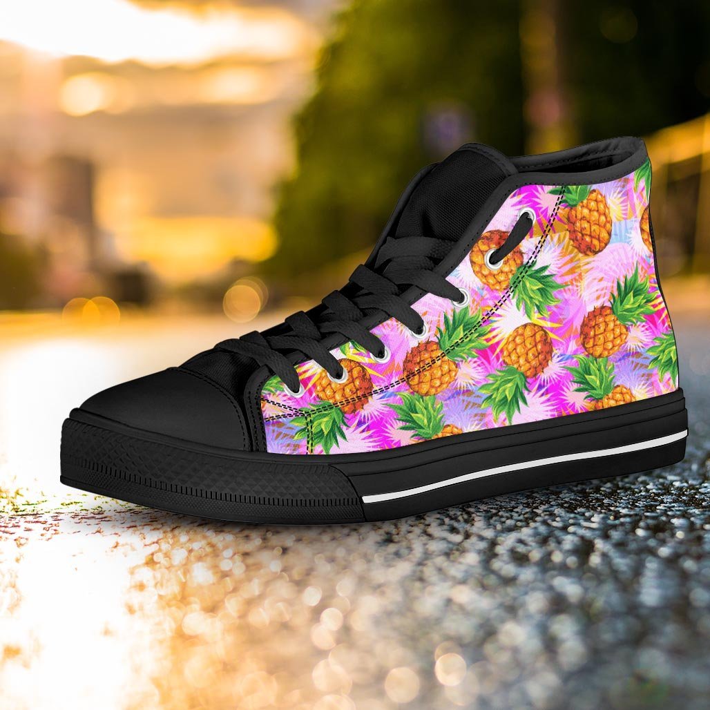 Purple Neon Pineapple Hawaiian Print Women's High Top Shoes-grizzshop
