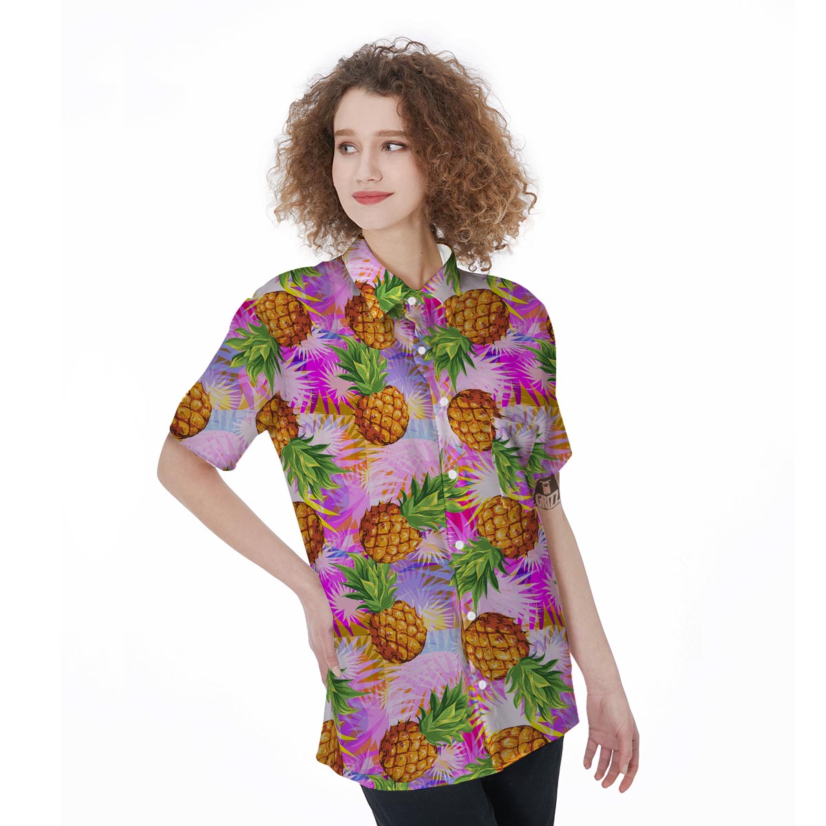Purple Neon Pineapple Hawaiian Print Women's Short Sleeve Shirts-grizzshop