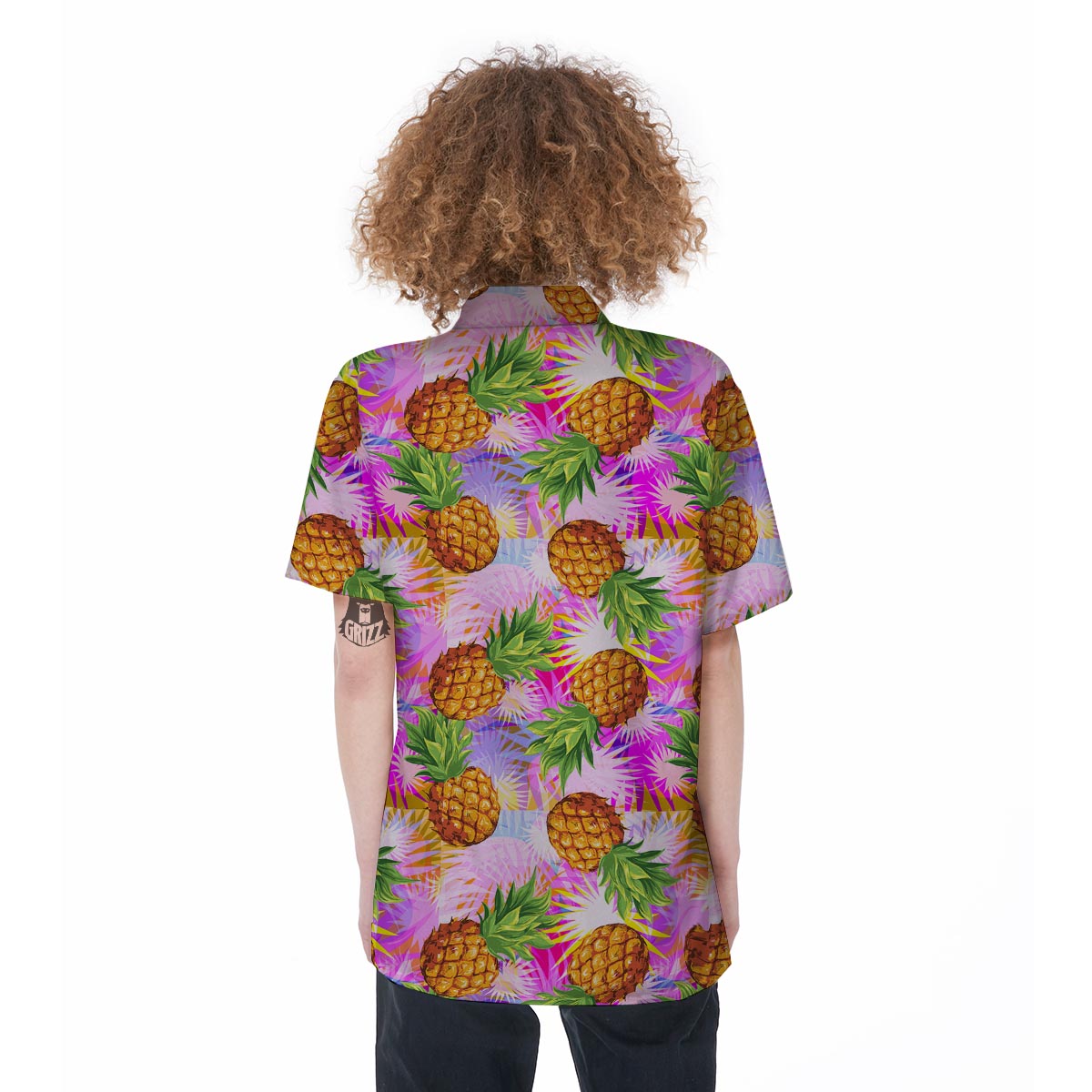 Purple Neon Pineapple Hawaiian Print Women's Short Sleeve Shirts-grizzshop