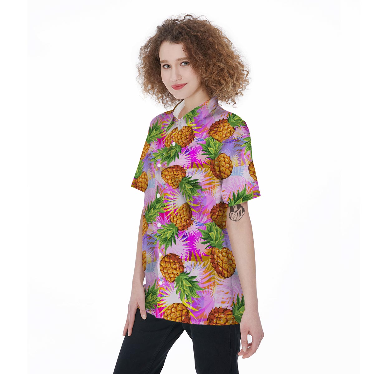 Purple Neon Pineapple Hawaiian Print Women's Short Sleeve Shirts-grizzshop