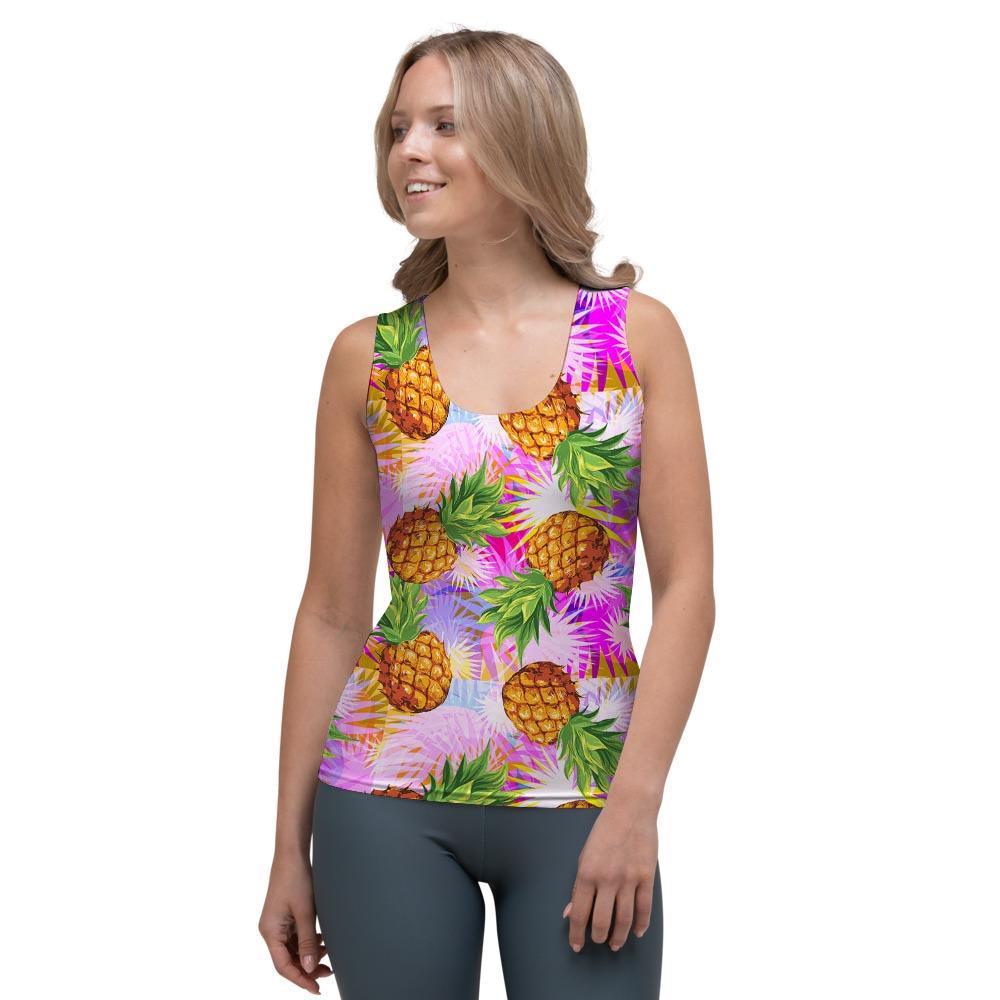 Purple Neon Pineapple Hawaiian Print Women's Tank Top-grizzshop