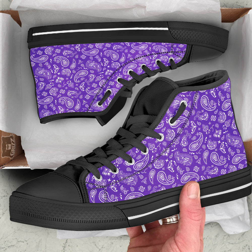 Purple Paisley Bandana Print Black High Top Shoes-grizzshop
