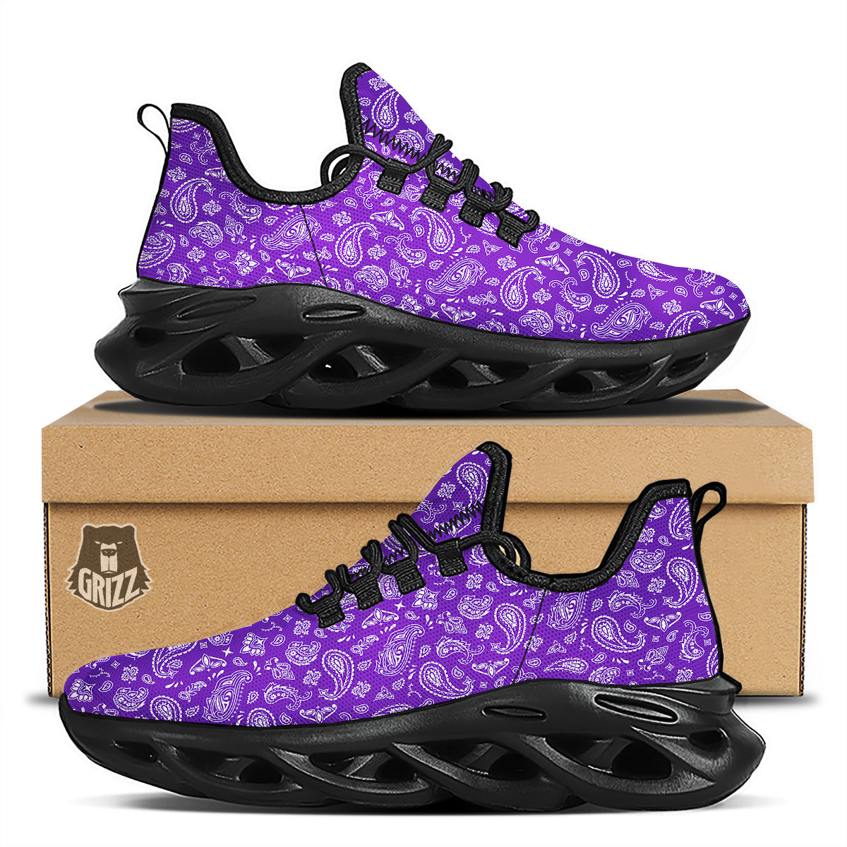 Purple Paisley Bandana Print Black Running Shoes-grizzshop