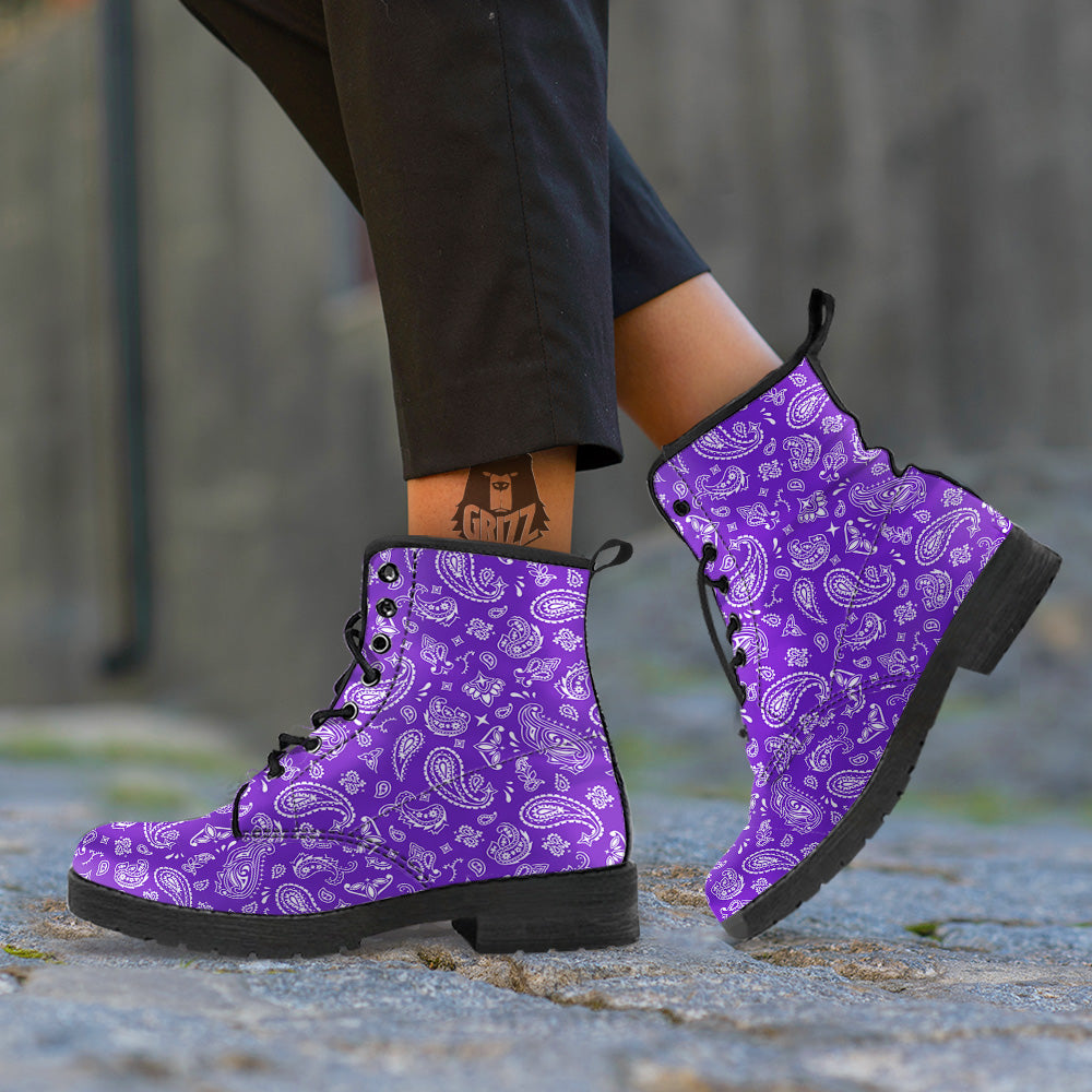 Purple Paisley Bandana Print Leather Boots-grizzshop