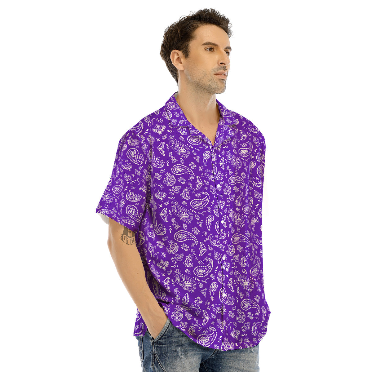 Purple Paisley Bandana Print Men’s Hawaiian Shirt-grizzshop