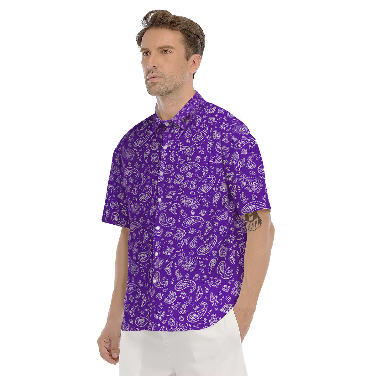 Purple Paisley Bandana Print Men's Short Sleeve Shirts-grizzshop