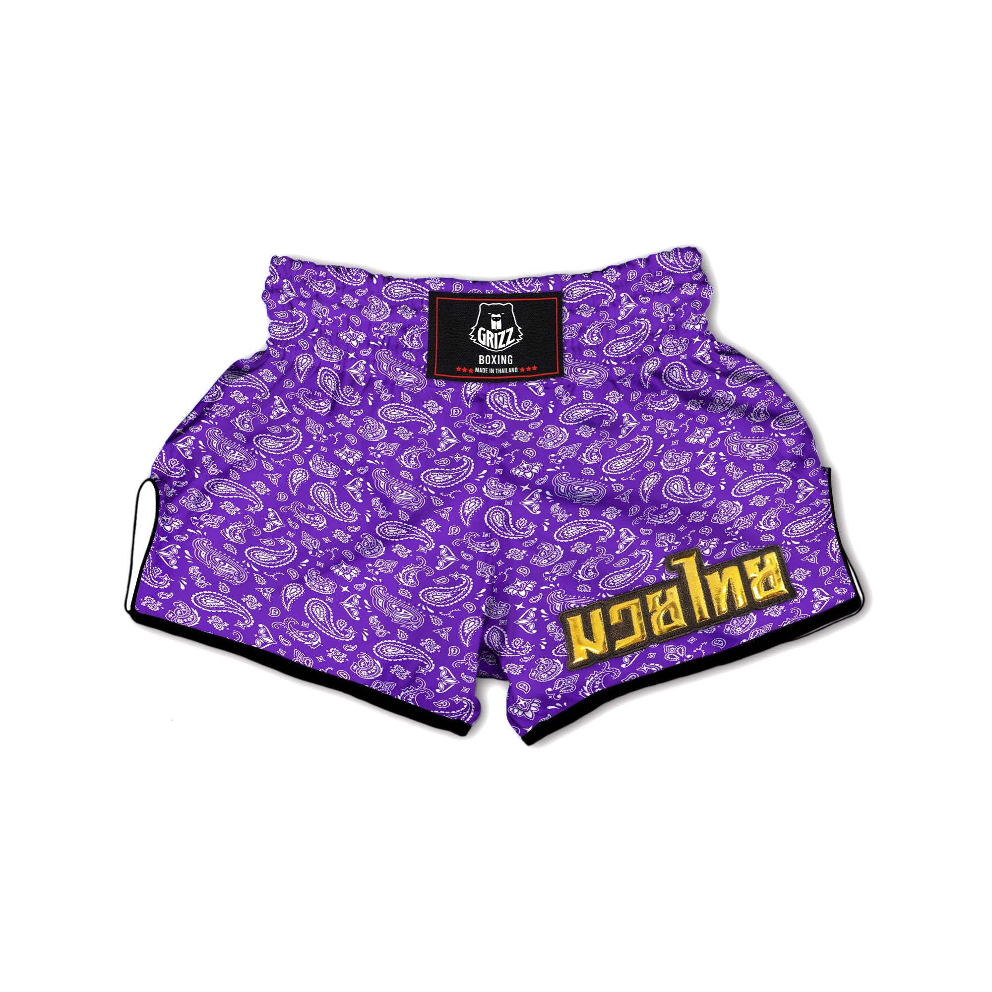 Purple Paisley Bandana Print Muay Thai Boxing Shorts-grizzshop