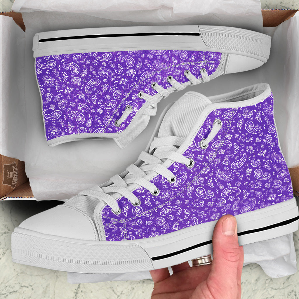 Purple Paisley Bandana Print White High Top Shoes-grizzshop