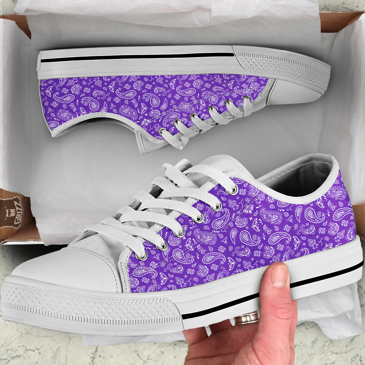 Purple Paisley Bandana Print White Low Top Shoes-grizzshop