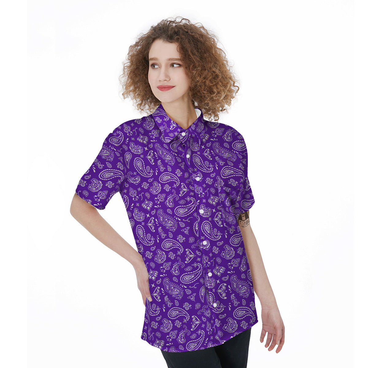 Purple Paisley Bandana Print Women's Short Sleeve Shirts-grizzshop