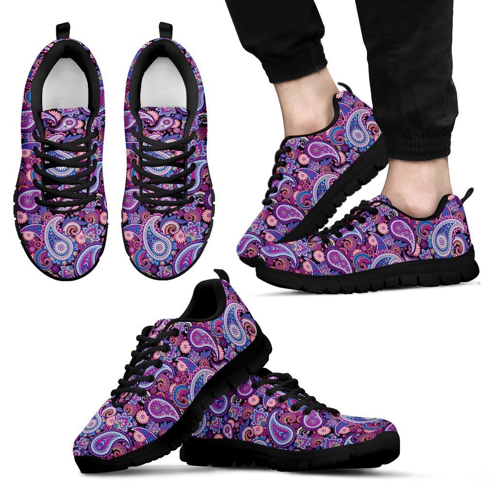 Purple Paisley Pattern Print Black Sneaker Shoes For Men Women-grizzshop