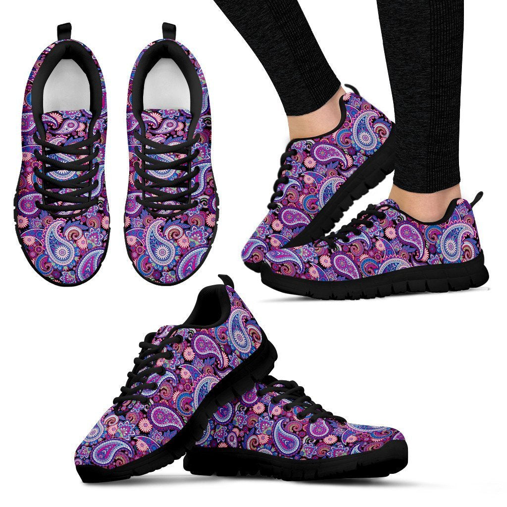 Purple Paisley Pattern Print Black Sneaker Shoes For Men Women-grizzshop