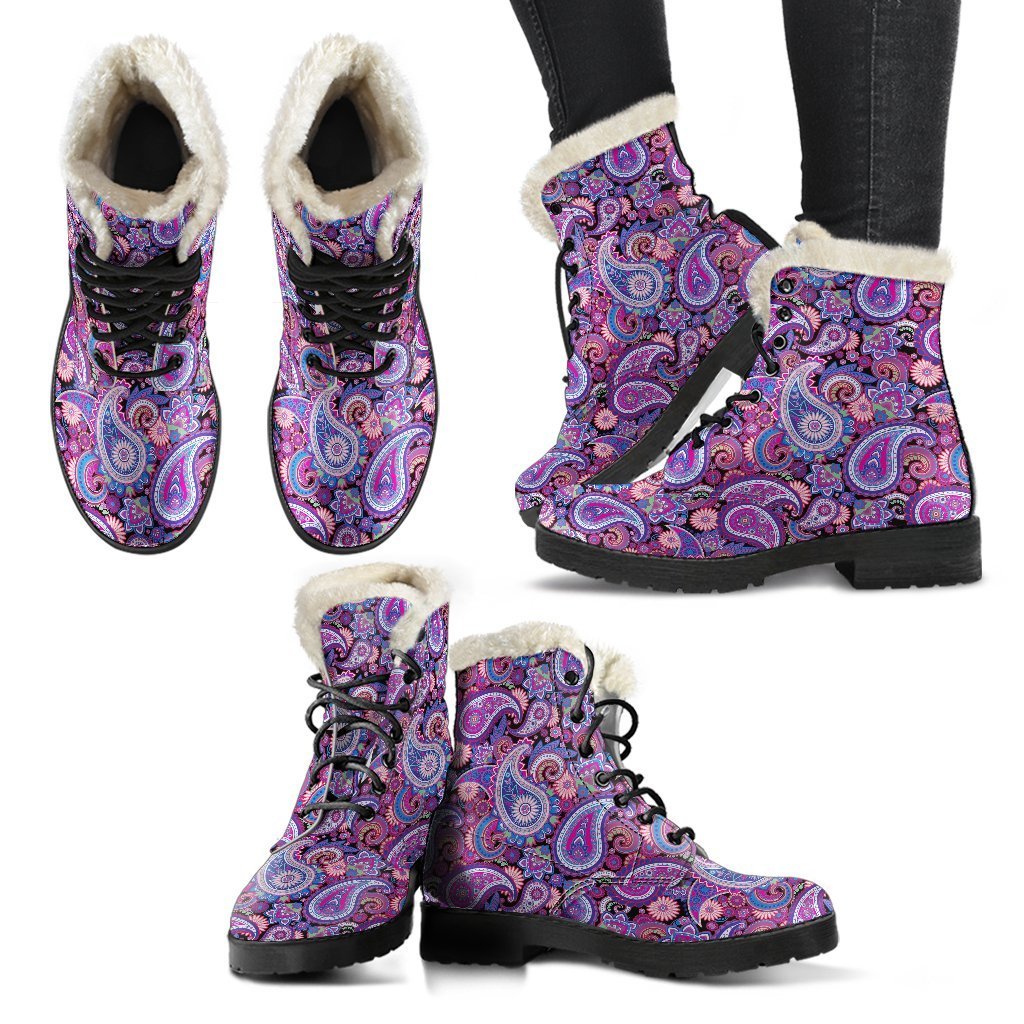 Purple Paisley Pattern Print Comfy Winter Boots-grizzshop