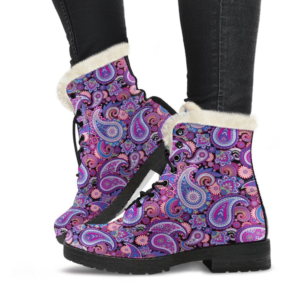 Purple Paisley Pattern Print Comfy Winter Boots-grizzshop