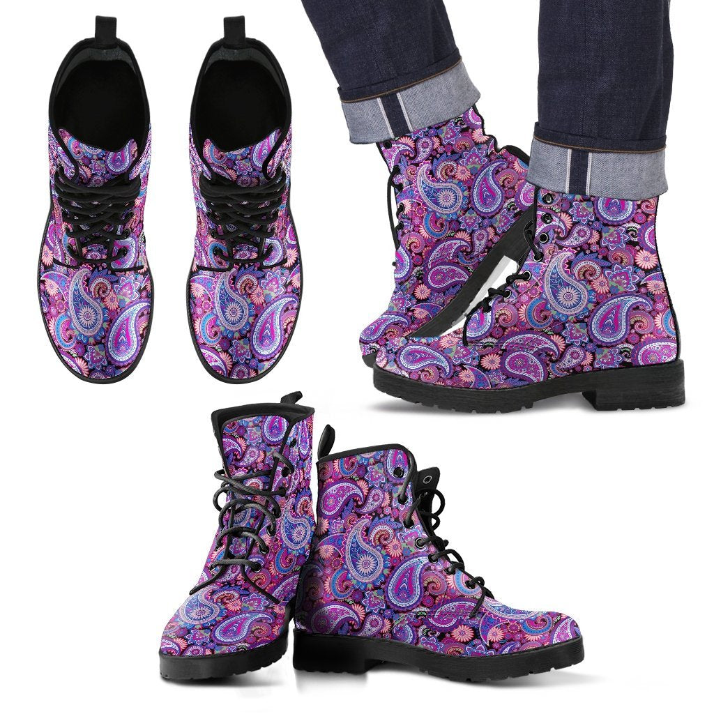 Purple Paisley Pattern Print Men Women Leather Boots-grizzshop