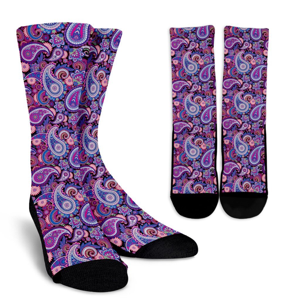 Purple Paisley Pattern Print Unisex Crew Socks-grizzshop