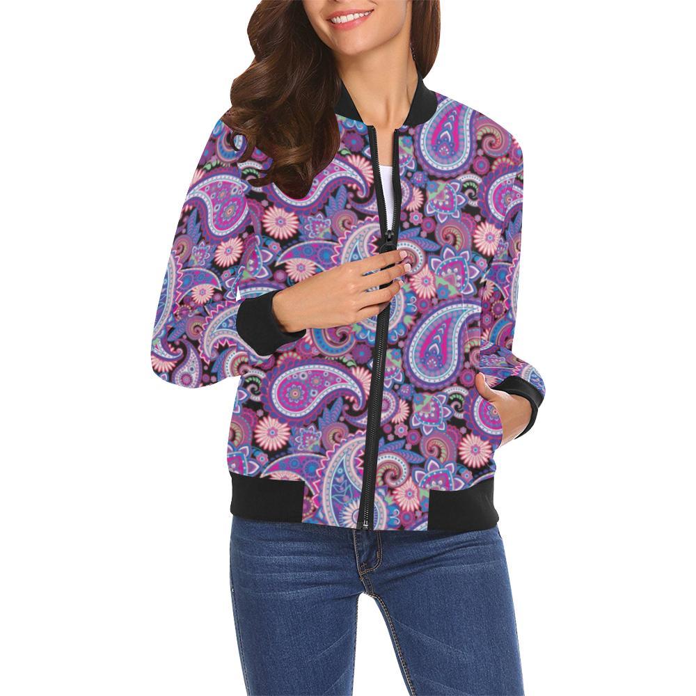 Purple Paisley Pattern Print Women Casual Bomber Jacket-grizzshop