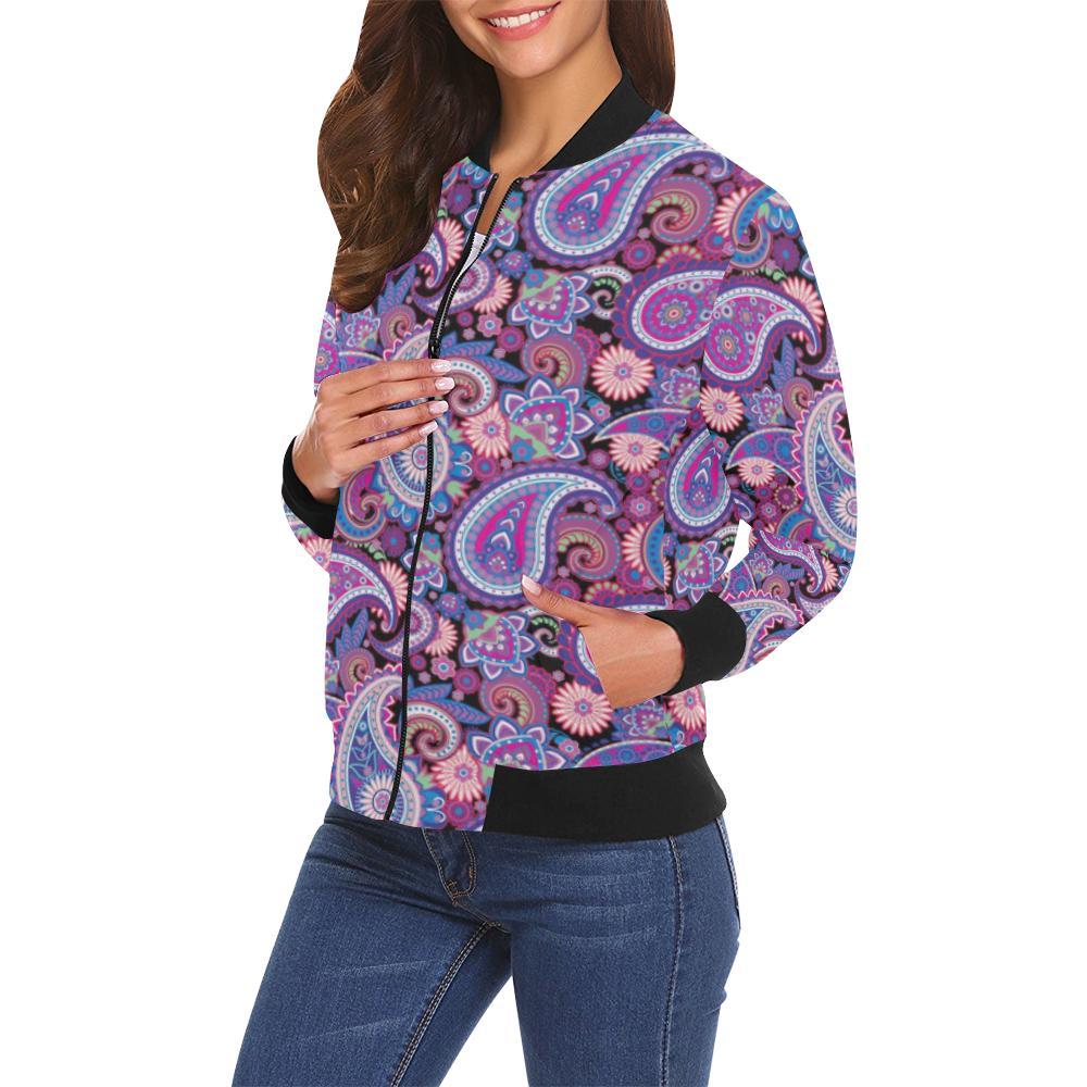 Purple Paisley Pattern Print Women Casual Bomber Jacket-grizzshop